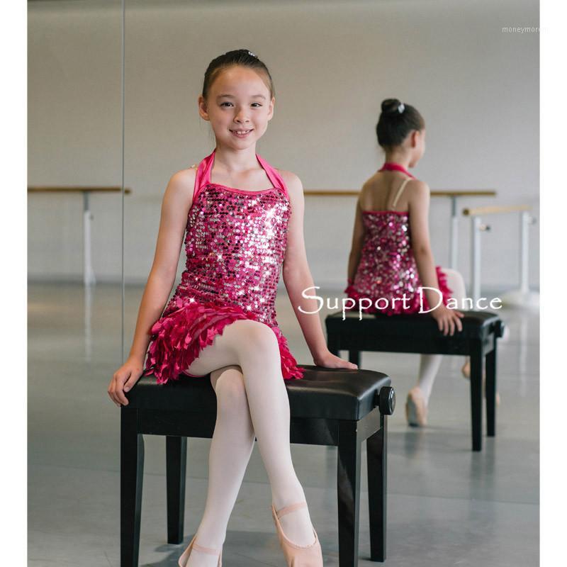 

Support-Dance Halter Neck Latin Dress Kids Adult Dance Costume C2411, Rose red