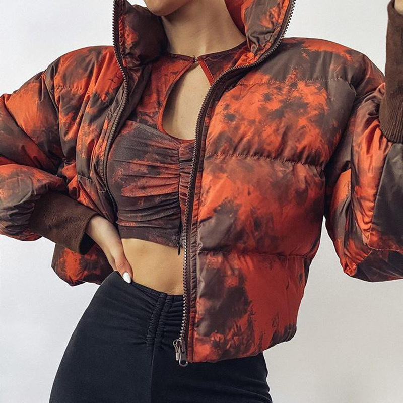 

Dyed-dyed winter thick zipper streetwear woman short padded jacket casual outerwear tops SX8F, Orange