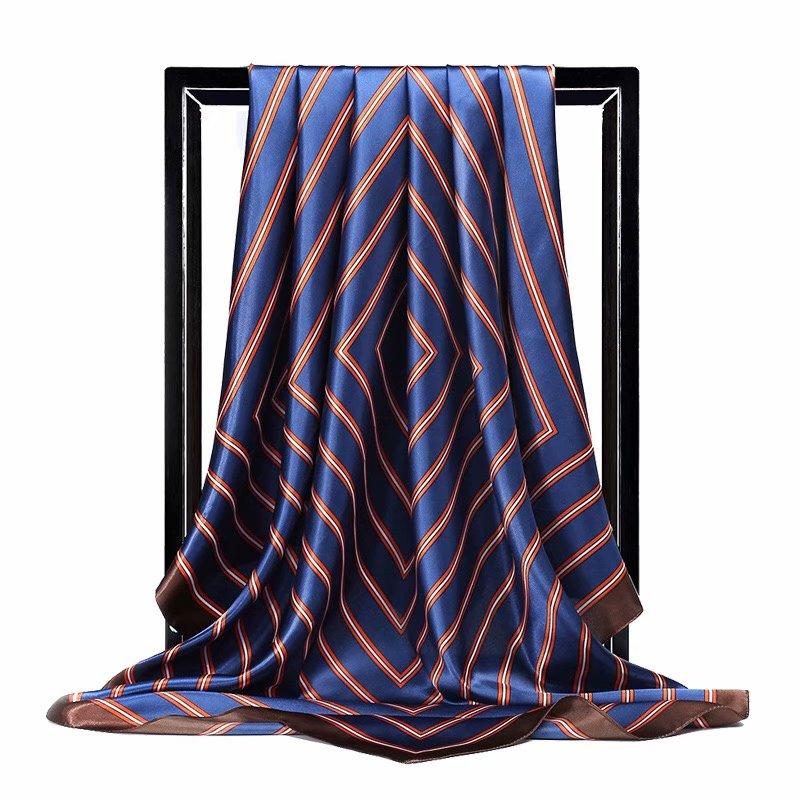 

Scepter Pattern Printed Ink Blue Scarf Women Embroidered Silk Handkerchief Square Bandana Foulard Neckerchief Female DF017