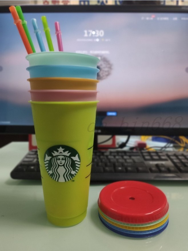 

24OZ/710ML Color Change Tumblers Plastic Drinking Juice With Lip Straw Magic Coffee Mug Costom Starbucks color changing plastic cups 5pcs, As picture