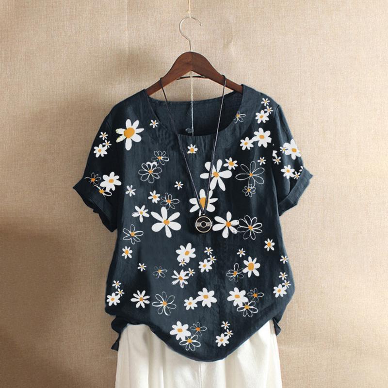 

Adisputent 2020 Summer Print Buttons Blouse Shirts O-neck Cotton Linen Blouses Women Short Sleeve Top Pullover Blusa Feminina1, Blue