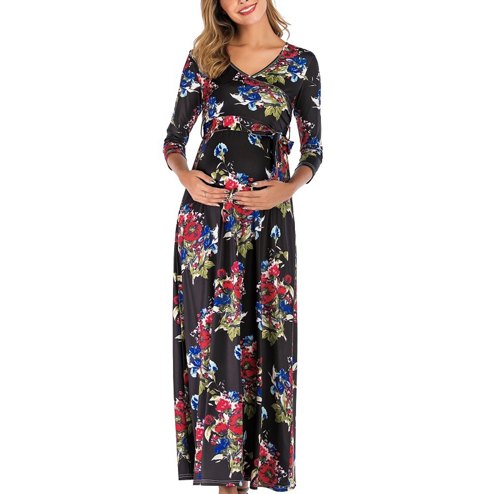 

Women Deep V-Neck Waist Cropped Sleeve Maternity Dress