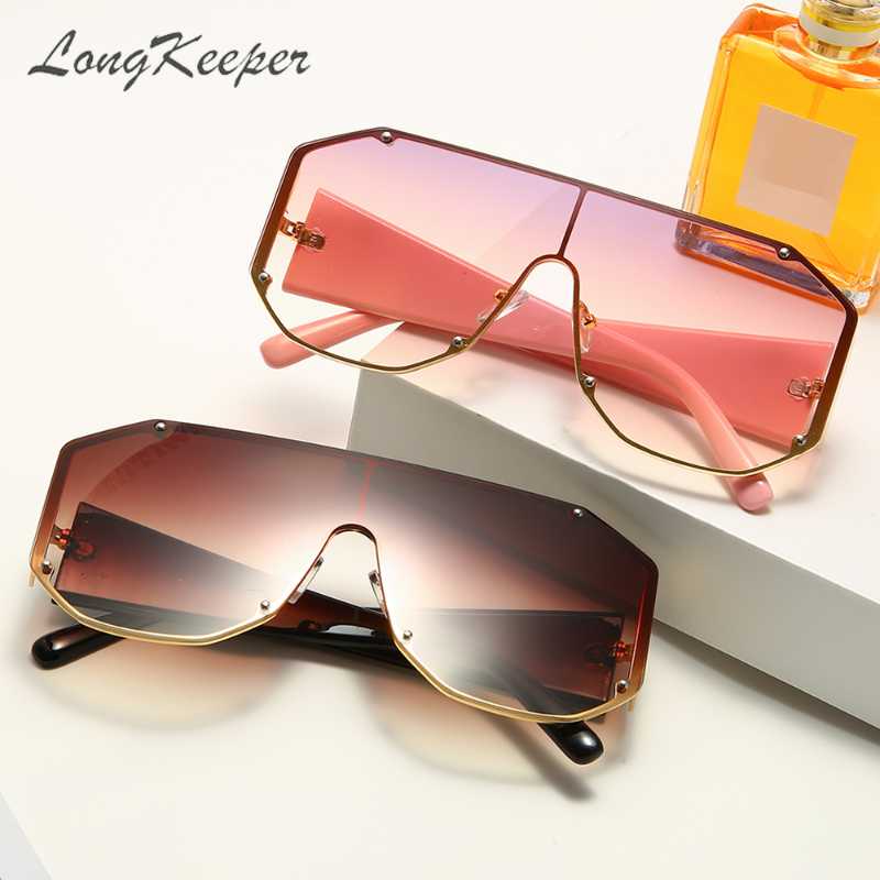 

LongKeeper One Piece Rimless Sunglasses Women Men 2021 Rivet Pilot Oversized Sun Glasses Trend Goggles Gafas De Sol
