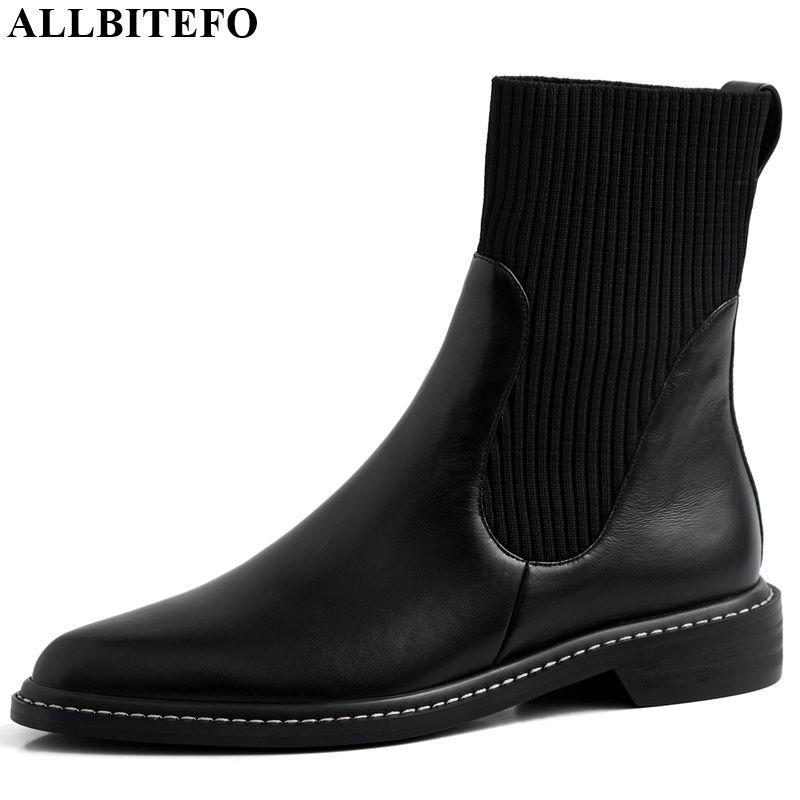 

ALLBITEFO genuine leather+Knitting wool women boots comfortable ankle boots High quality Autumn Winter girls fashion, Plush inside