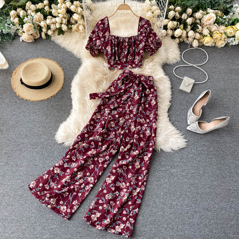

2021 New Female autumn boho floral suits square collar puff short tops + pants high loose pieces together HRDL, Blue