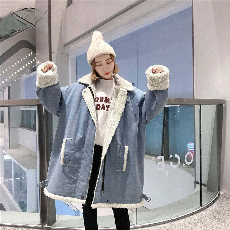 

Oversize curling turn-down collar jean female Korean woman's coat thick lamb wool streetwear loose cotton cowboy clothes, Dark blue