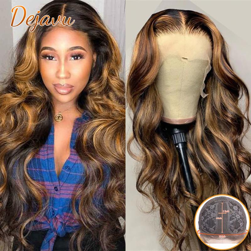 

Dejavu 4/27 Highlight Human Hair Wigs Honey Blonde Body Wave Wig Brazilian Ombre Brown Remy Pre Plucked Part Lace for Women, 13x4x1