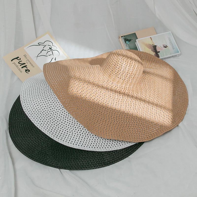 

Ins Handmade Knitted Hollow Women Big Brim Sun Hat Breathable Cool Ladies Summer UV Hat Beach Hats Foldable Dropshipping, White