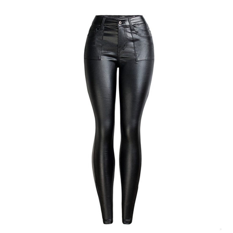 

2021 New Women's from plutonium fall and black winter plus velvet fake leather pocket thin pants TSJ8