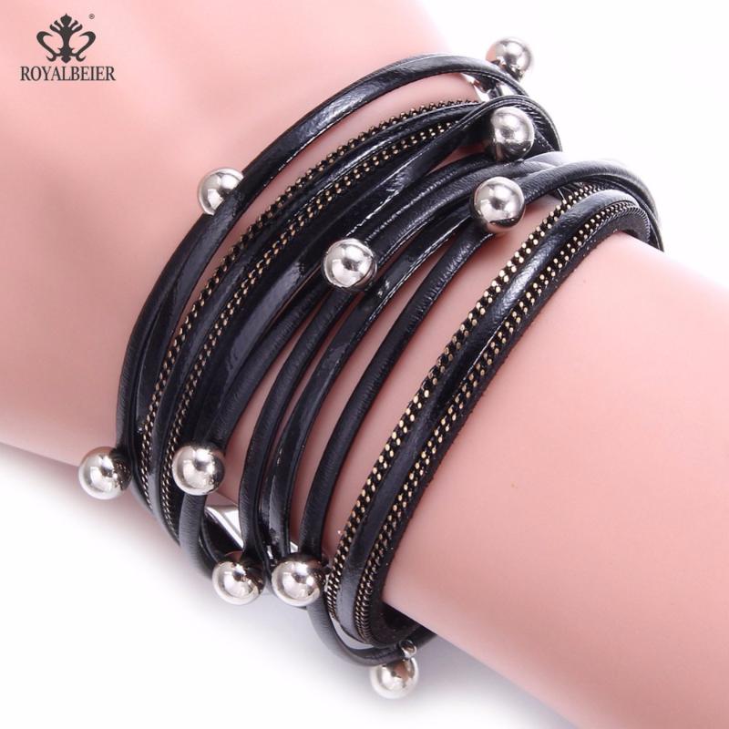 

ROYALBEIER Wrap Leather Bracelet Charm Bracelets & Bangles Magnet Buckle Bracelet Bohemian Bracelets Women Bangles with Leather