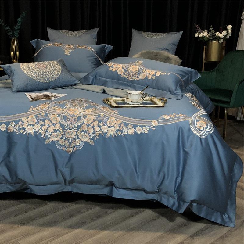 

New Blue Pink Champagne Luxury 100S Egyptian Cotton Gold Bedding Pillowcases Embroidery Duvet Flowers Cover Set Bed Sheet/Linen