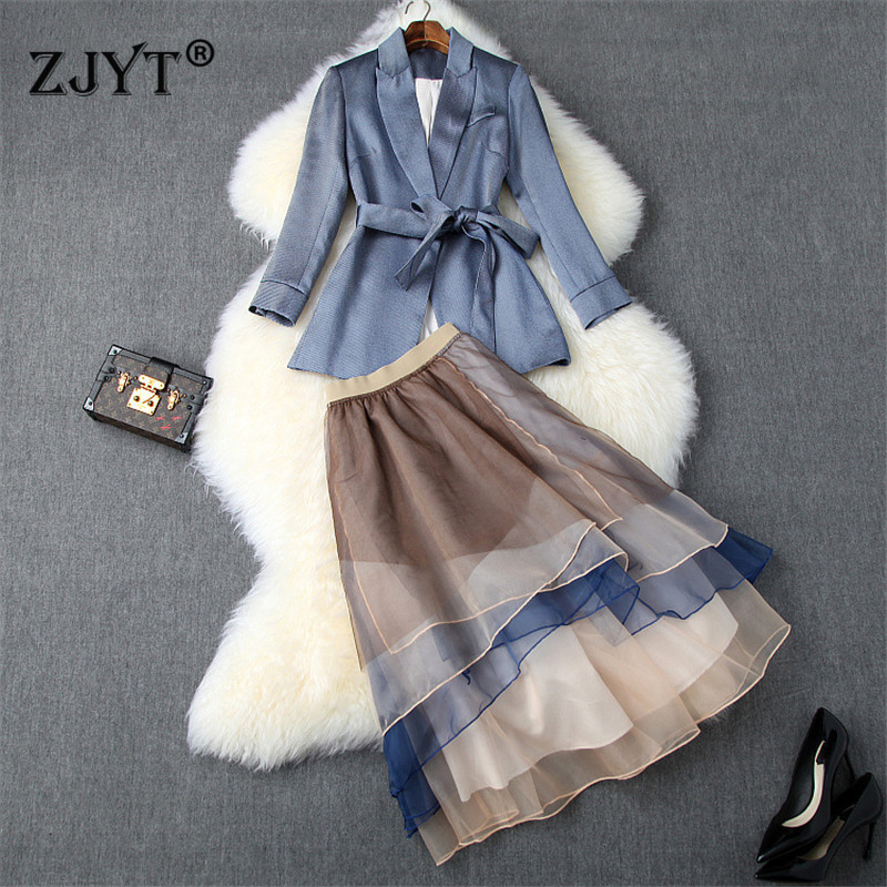 

Elegant Lady Spring Autumn Fashion Designers Women Notched Lace Up Blazer Suit Organza Skirt Set Office Party Outfits 201130, Blue