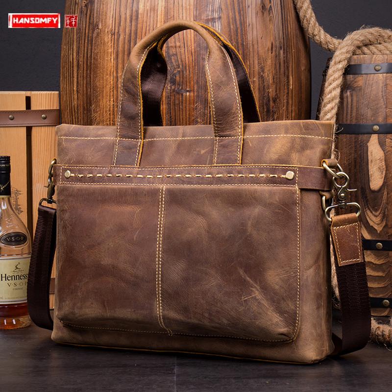 

Crazy Horse Leather Men Briefcase Retro Laptop Bag Men's Handbag First Layer Cowhide Shoulder Messenger Bags Cowhide Vintage, As the picture show