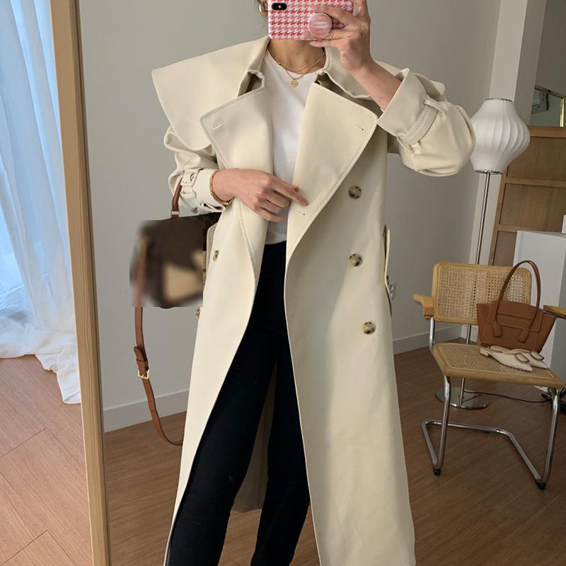 

WICCON 2021 Korean Autumn Elegant Large Lapel Double-breasted Straight Tube Solid Color Long Trench Coat For Women, White