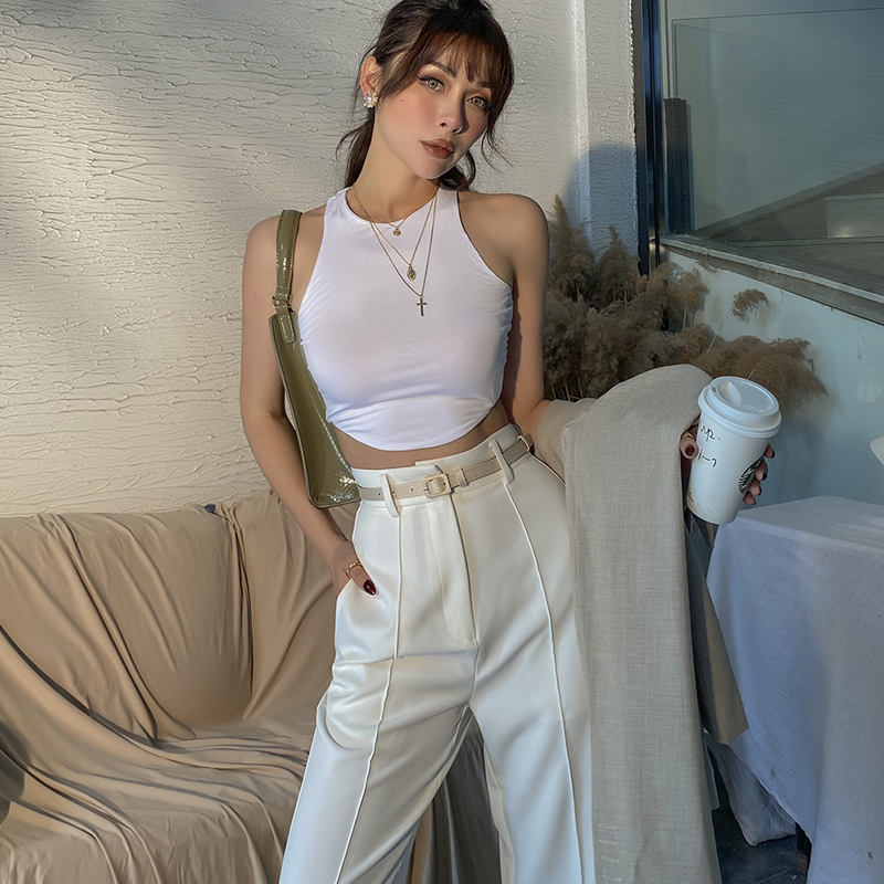 

2021 New Practical All the Raglan Neck-neck Games Thin Cotton Drawing Sexy High-elastic Tanks Ops for Solid Women High Street WESV, White.
