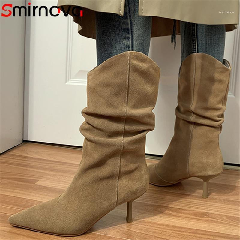 

Smirnova 2021 Hot Sale Full Suede Leather Mid Calf Boots Women Sexy Thin High Heel Party Shoes Pointed Toe Pleated Women Boots1, Apricot not fur