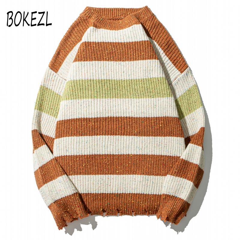 

BOKEZL Sweaters Hip Hop Knitted Stripe Distressed Ripped Destroyed Holes Jumper Sweater Streetwear Harajuku Casual Knitwear, Khaki