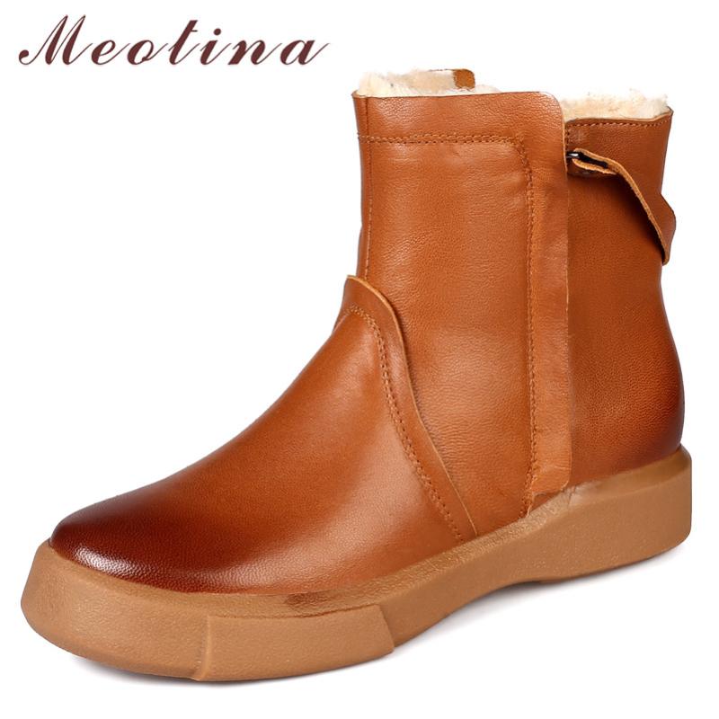 

Meotina Flat Platform Snow Boots Woman Natural Genuine Leather Ankle Boots Round Toe Short Zip Female Shoes Winter Warm 41, Black
