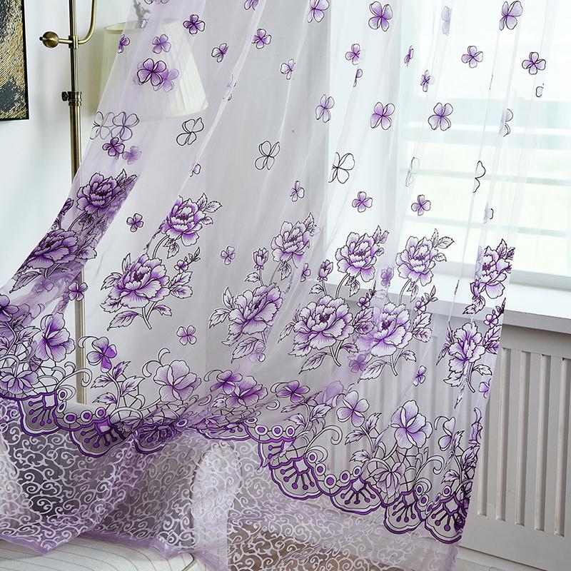 

Home curtain flower print divider tulle tulle shawl sheer scarf hanging cloth curtain, Purple