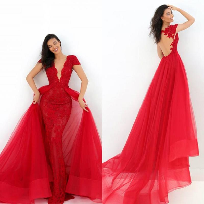 

Prom Dresses 2020 Deep V Neck Lace Appliques Mermaid Evening Gowns Custom Made Detachable Train Special Occasion Dress, Beige