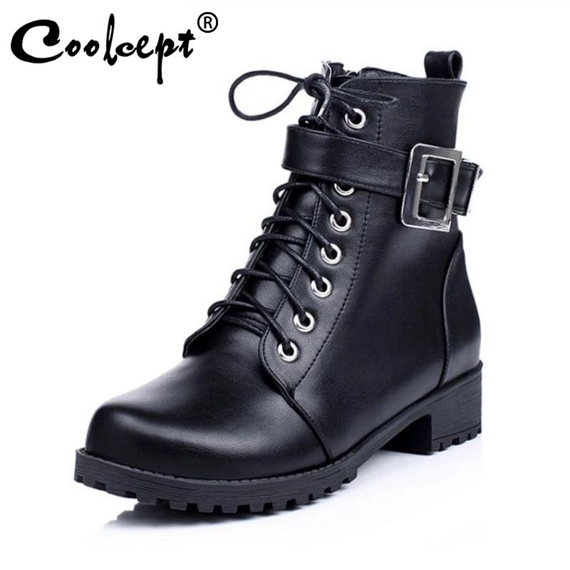 

Coolcept Winter Autumn Woman Cross Strap Sexy Knight Boots Buckle Punk Daily Outdoor Casual Shoes Women Short Boots Size 34-43, Black
