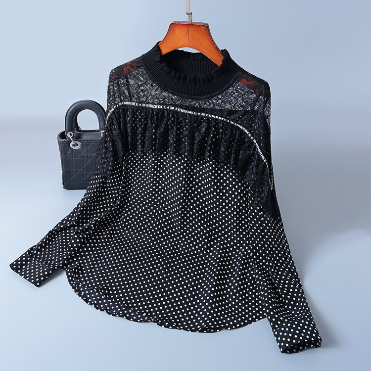 

2020 Thin New Bow Wave Ribbon Printed Dot Female Long Sleeve Silk Shirt Ig13, Black