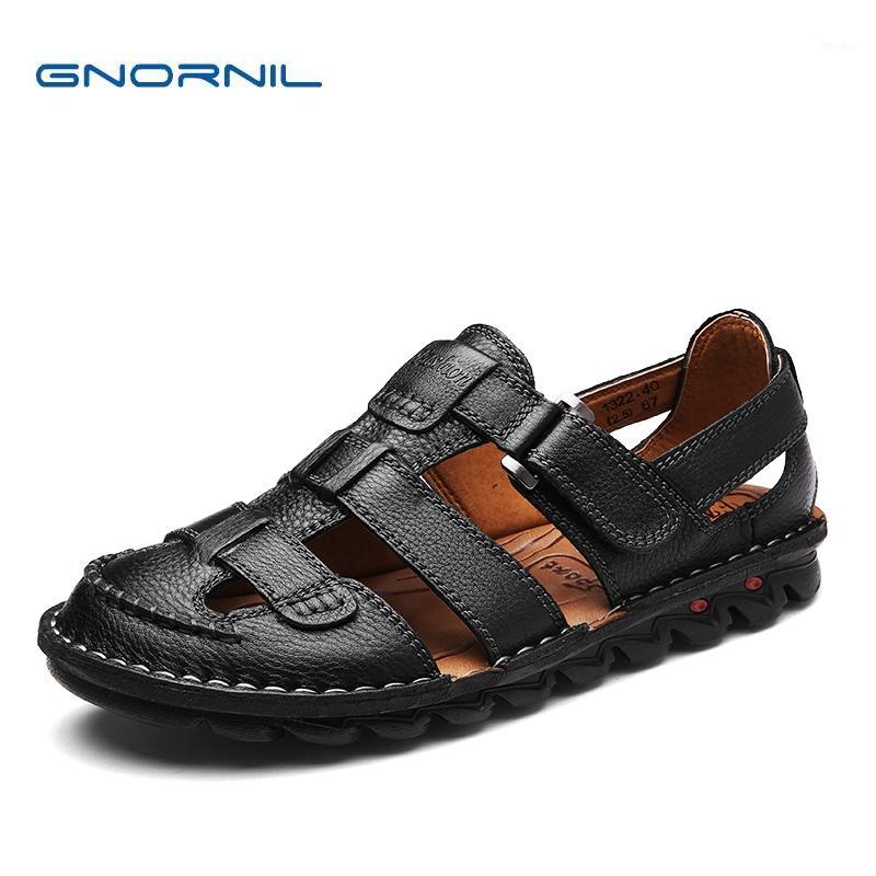 

GNORNIL 2020 Summer Men Shoes Sandals Genuine Leather High Quality Closed Toe Anti-collision Casual Sandals Mens Footwear1, Black