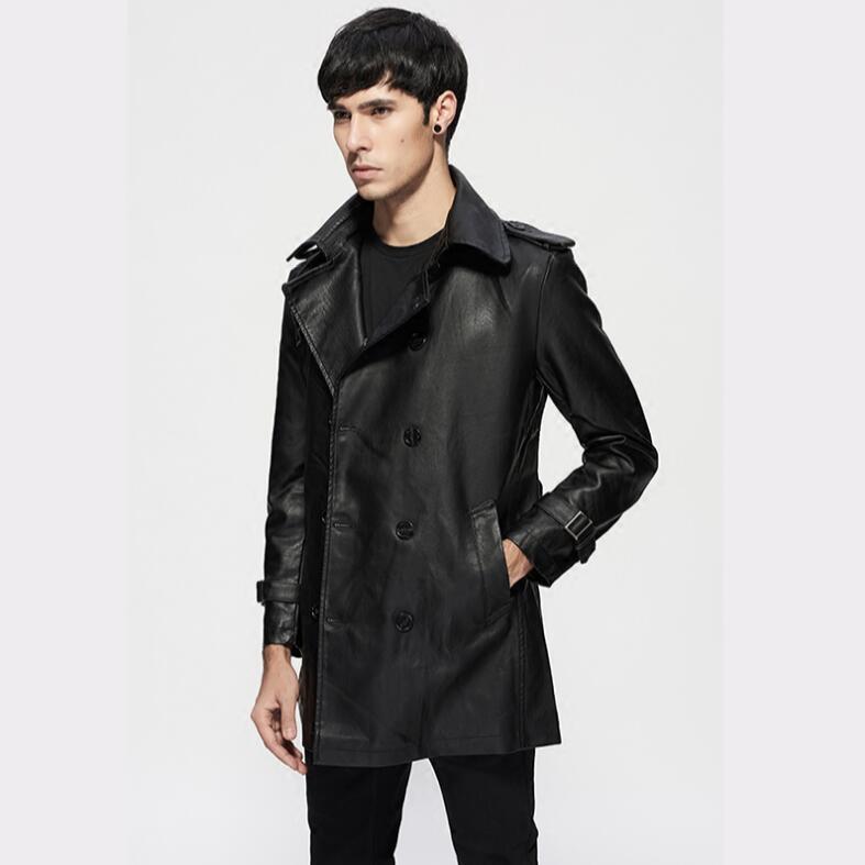 

spring and autumn new 2021 Men thin belt lapel leather windbreaker male long section Korean jackets Mens slim trend Trench coat1, Black