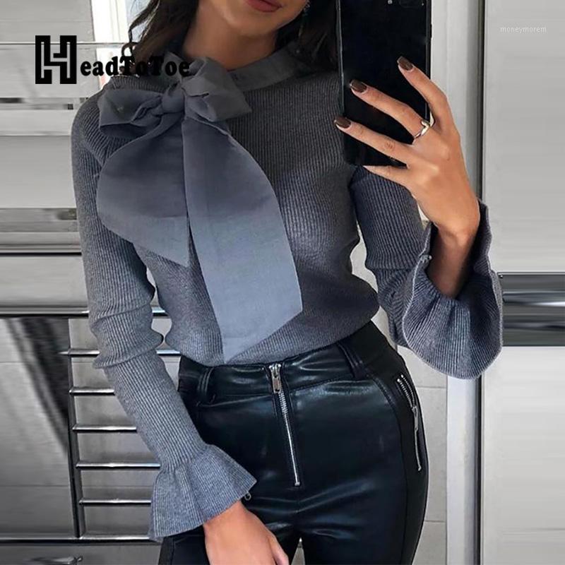 

Ribbed Bowknot Detail Elegant Bell Cuff Sweaters Women Solid Long Sleeve Casual Pullover Tops1, As pic