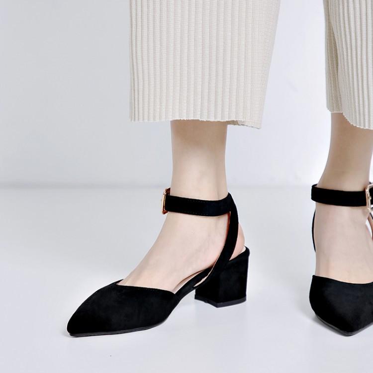 

PXELENA Hot Sale Women Sandals Chunky Block Square Med Heels Faux Suede Pointed Toe Ankle Strap Office Lady Shoes Black Beige 43