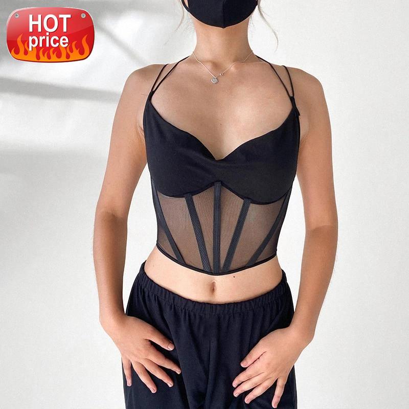 

HIRIGIN New Women Sexy Backless Bandage Mesh Patchwork Camis Vest 2021 Sleeveless Solid Slim Fit Lace Up Crop Tops Clubwear Tank #Fr3b, White
