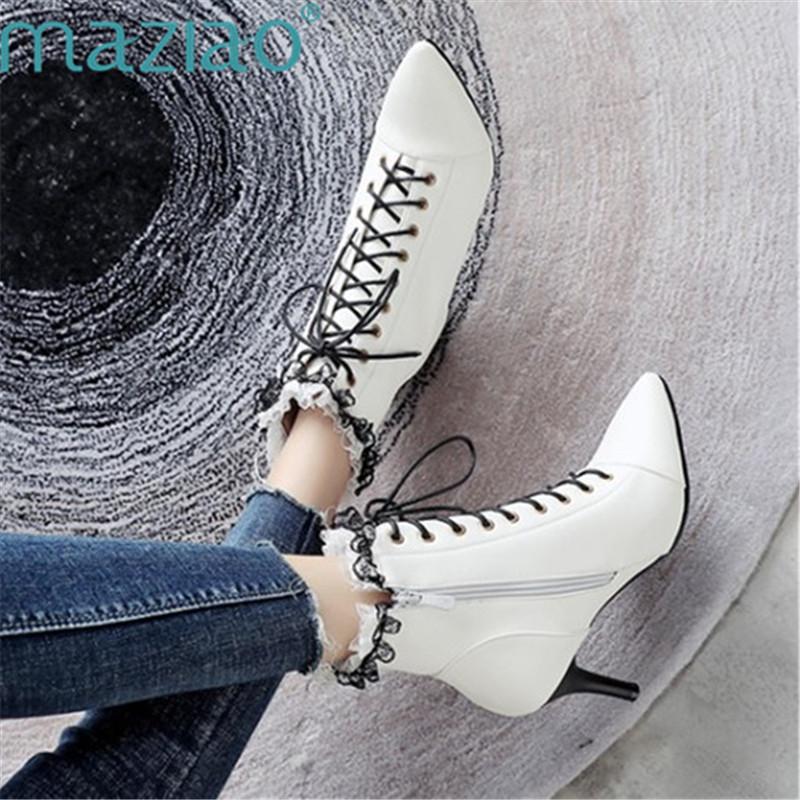 

Ankle Boots for Women Cross Tied High Heels Female Lace Up Shoes Lace Pointed Toe Short Boot MAZIAO, Black