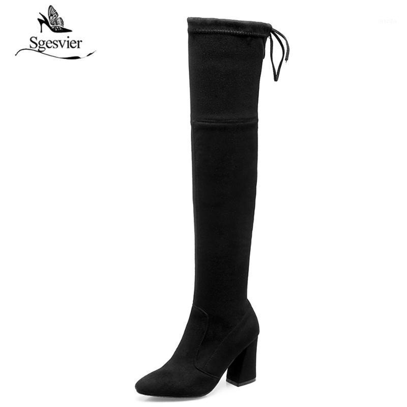 

Sgesvier Western Style Over The Knee Boots Suede Square High Heel Women Boots Sexy Ladies Lace Up Fashion Size 33-46 B4101, Black