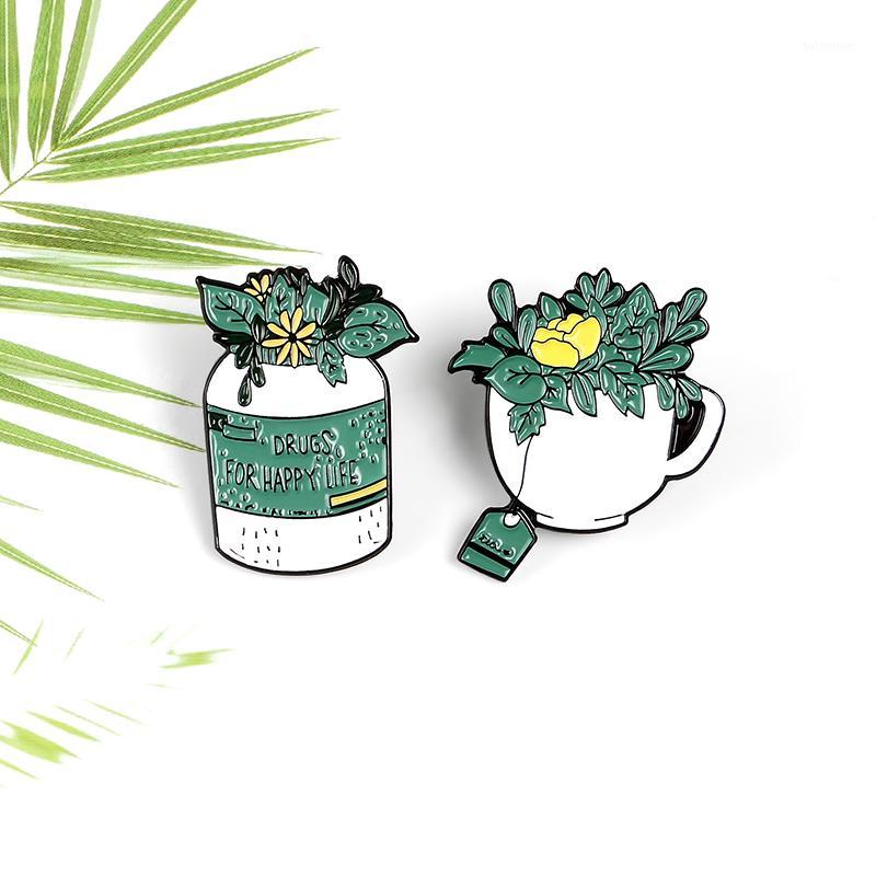 

for Happy Life Leaves in Bottle Cup Enamel Pins Green Plant Brooches Clothes Lapel Backpack Pin Badge Jewelry Gift Friend1