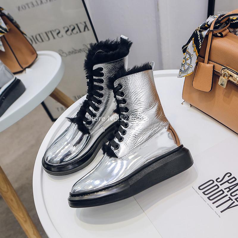 

Silver Fashion Women Boots Lace Up Round Toe Fashion waterproof Patent Leather Women Shoes Platform Fur Ankle Boots1, As pic