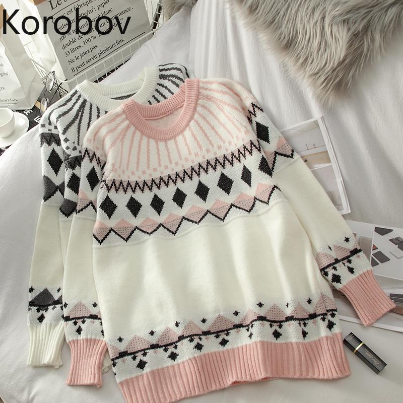 

Korobov Korean Preppy Style Women Sweaters Vintage Long Sleeve O Neck Hit Color Patchwork Sueter Mujer Sweet Jumper Femme, Black