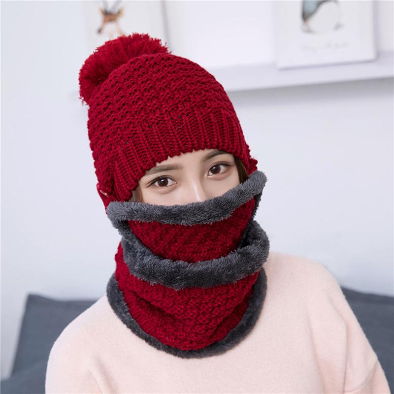 

3pcs Women Warm Set Knitted Beanies Hat Neck Scarf Face Mask Button Solid Color Pompom Warm Skullies Hat Outdoor Windpoof Suit, Black