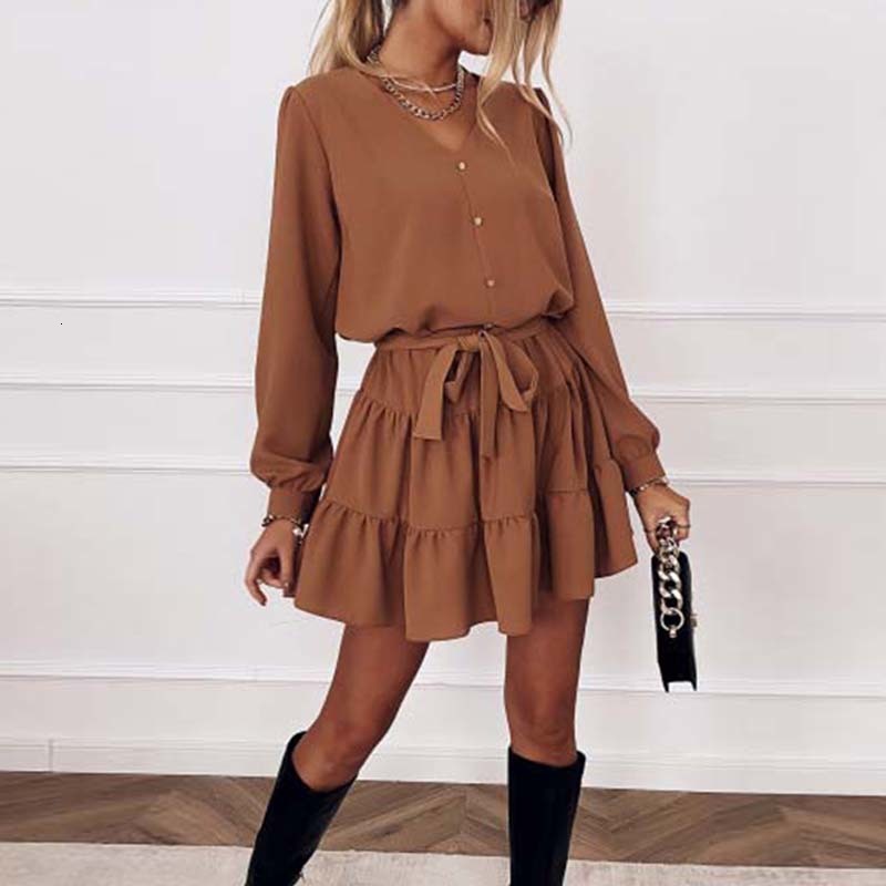 

2021 New Autumn Long Sleeve Ruffles for Women Spring v Neck Casual Loose Mini Button Female Solid a Line Office Vestidos 480v, Brown