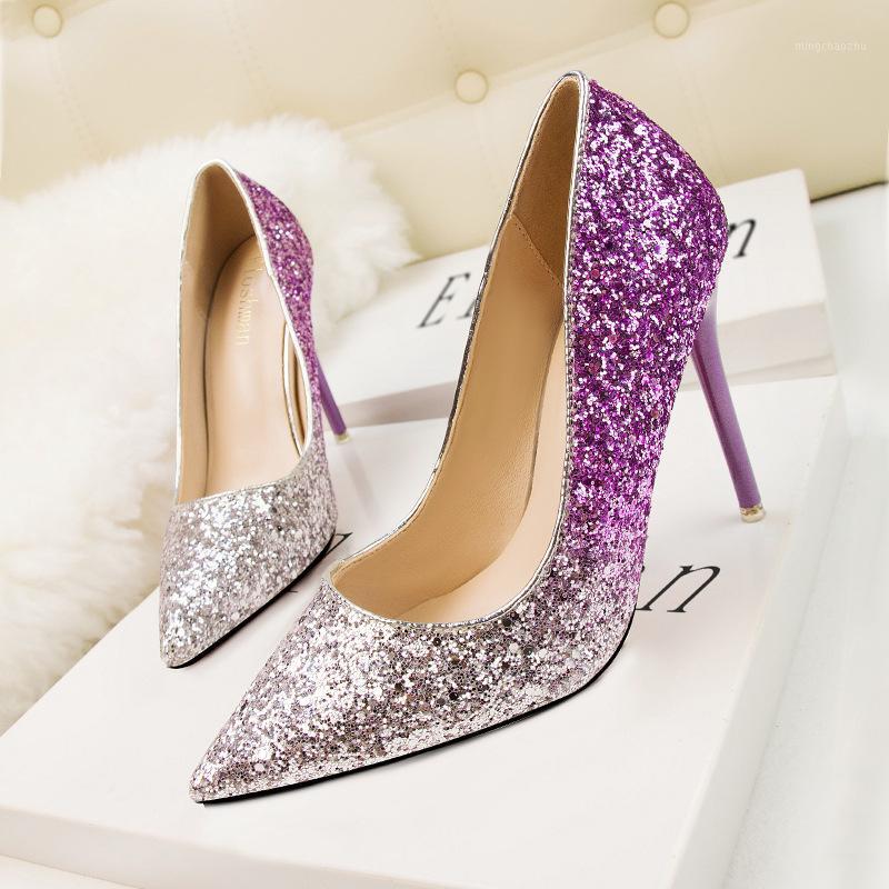 

Nice2020 Fashion Korean A9616-22 Style Sexy Nightclub Pointed Shallow Mouth High Women's Shoes Thin Heel Sequins Slimming Color1, Blue