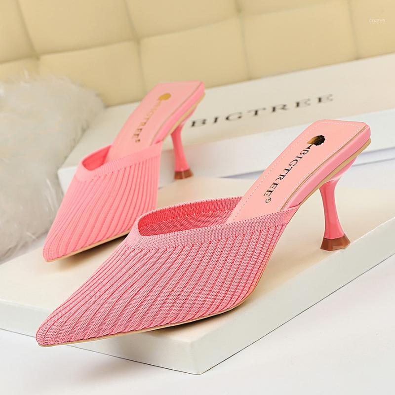 

BIGTREE 2020 New Style Summer Mesh Slides Women 6cm Low High Heels Hollow Mules Shales Casual Yellow Kitten Heels Slippers1, Khaki