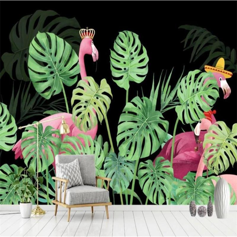 

Hand Painted Green Tropical Plants Flamingos Mural Wallpaper for Living Room Bedroom Background Walls 3D Wall Papers Home Decor, Canvas