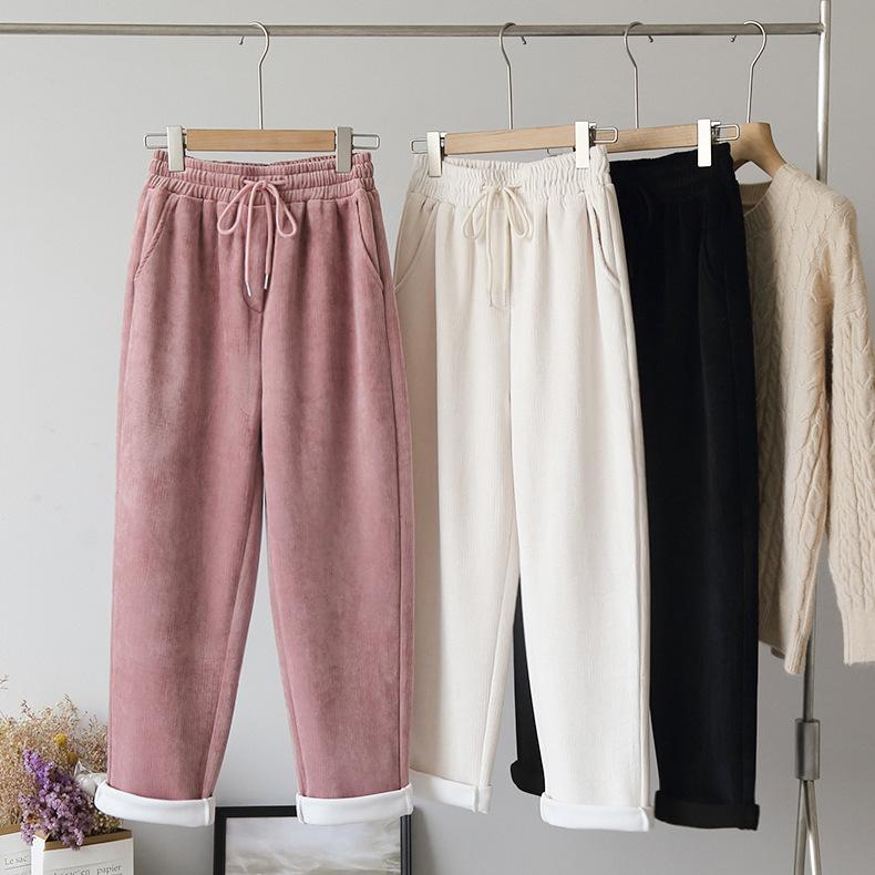 

Vintage Thicken High Waist Long Pants Women 2020 Winter Warm Streetwear Pockets Streetwear Korean Style Bottom Loose Trousers, Beige