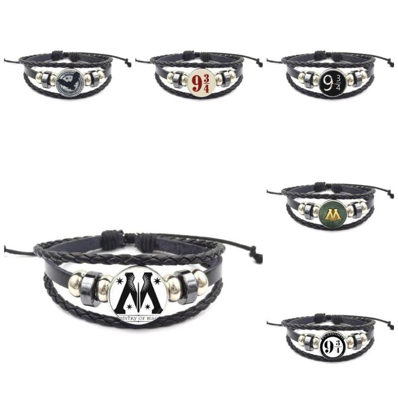 

EJ Glaze Platform 9 34 Hogwart Express For Girls Gift Plated Jewelry With Glass Cabochon Black Leather Bracelet Bangle