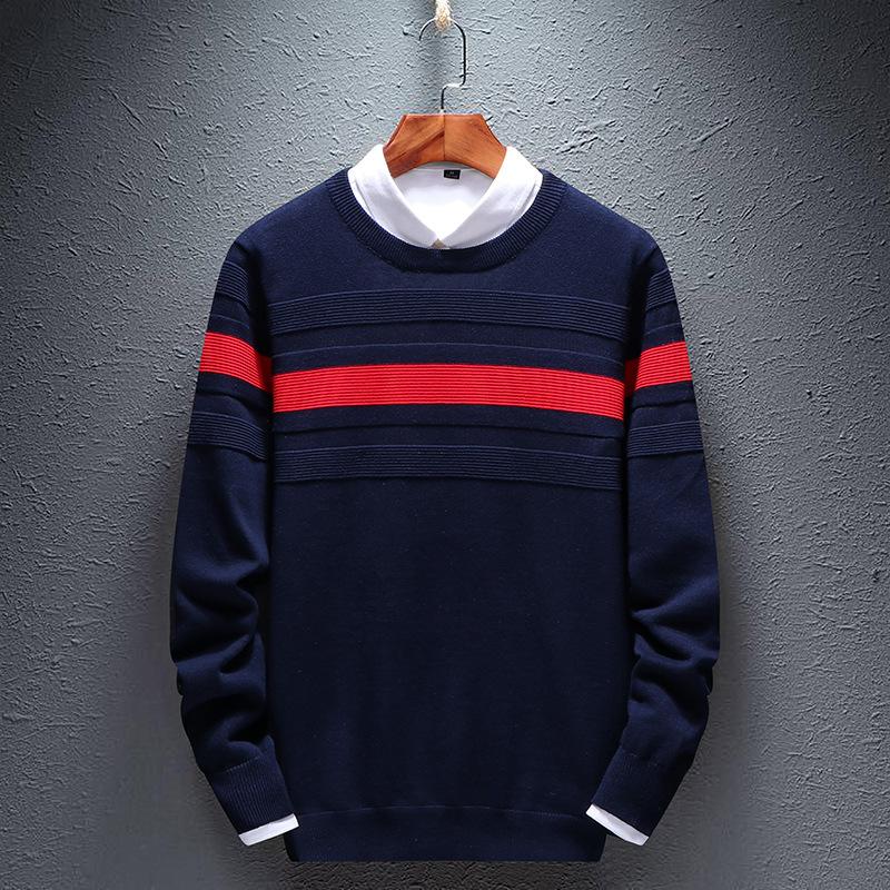

2020 simple sweater men's autumn and winter new cotton and linen o-neck sweater stripe, Black
