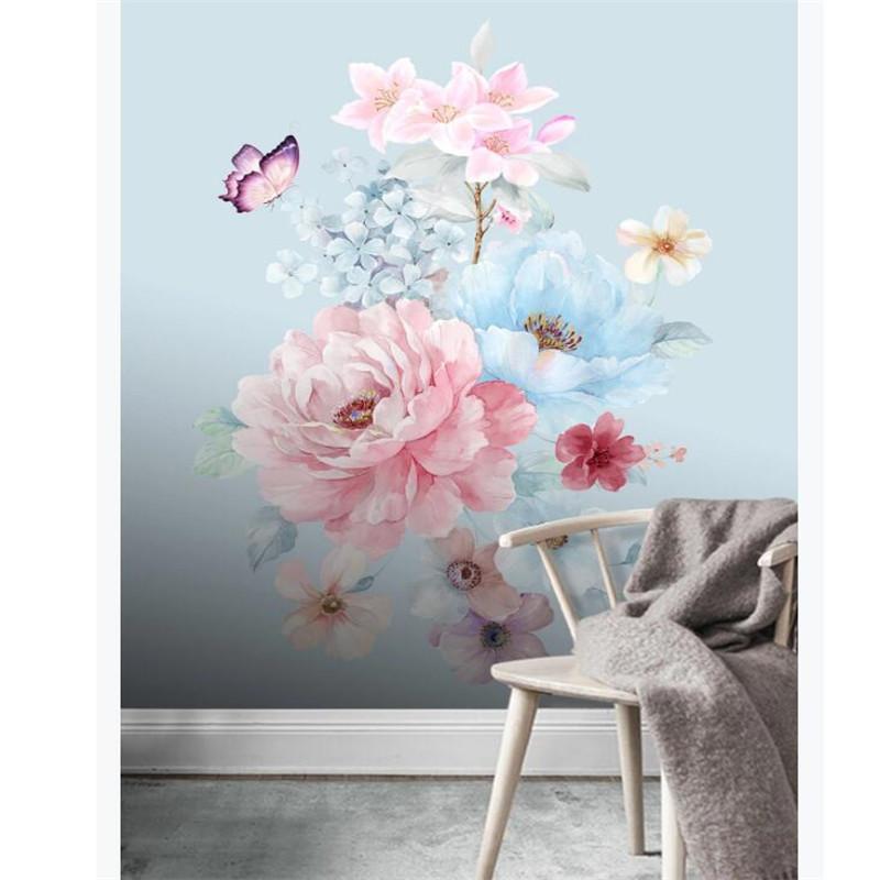 

Nordic Hand Painted Fresh Flower Butterflies Light Blue Background 3D Wallpaper for Living Room Bedroom Wall Papers Home Decor, Canvas