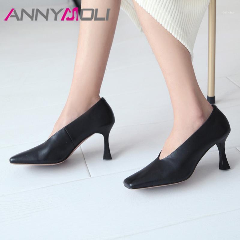 

ANNYMOLI High Heels Women Shoes Natural Genuine Leather Kitten High Heel Glove Shoes Real Leather Square Toe Pumps Ladies 34-391, Beige