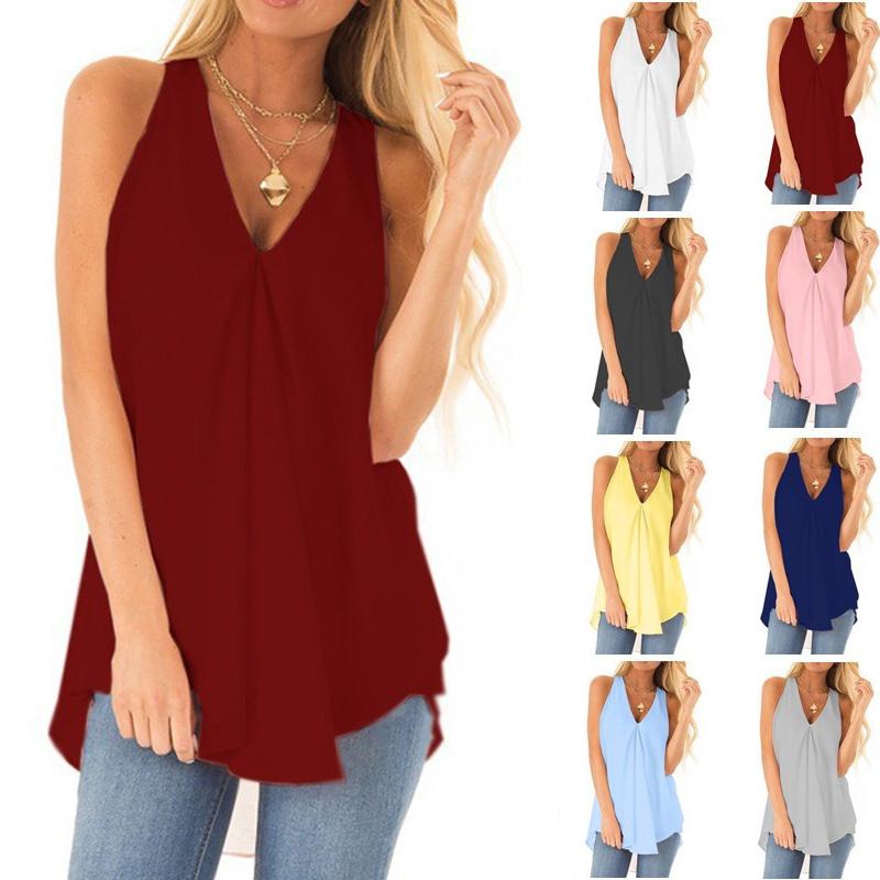 

Summer Women Blouses Sexy Solid V-Neck Ruffle Chiffon Shirt Tops Casual Sleeveless Loose Tops Plus Size White Black Women Shirts