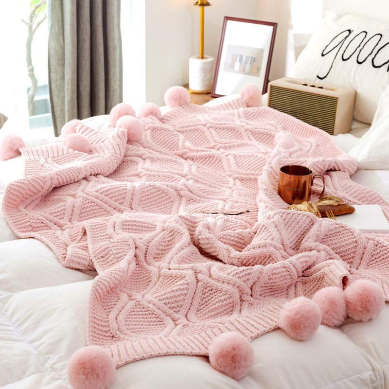

130x160cm Living Room Cute Knitted Couch Bed Skin Friendly Throw Blanket Lounge Office Soft Cover Hairball Chenille Plush