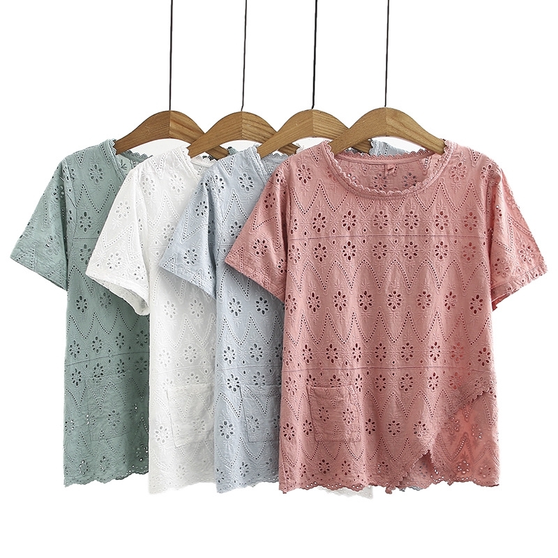 

4xl More Floral Embroidered Short Tops of Women Summer Around the Big, Elegant Size Workwear Shirts 45h9, White