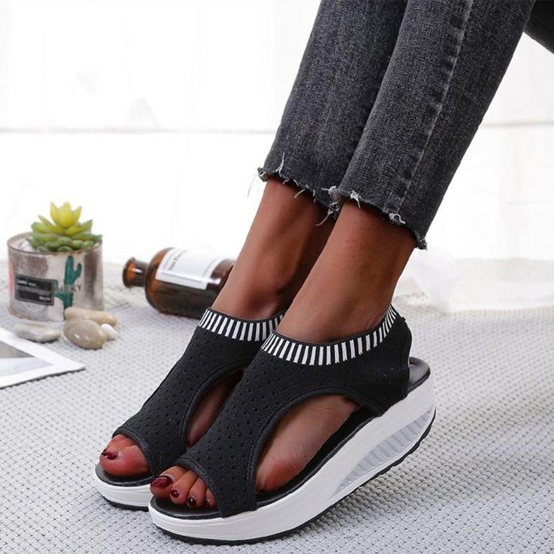 

Women Summer Wedges Shoes Woman Peep Toe Casual Shoes Female Thick Pltaform Fashion Sandals Slip On Stretch Farbic Hollow Out, Beige
